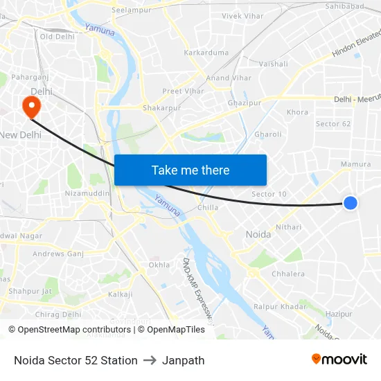 Noida Sector 52 Station to Janpath map