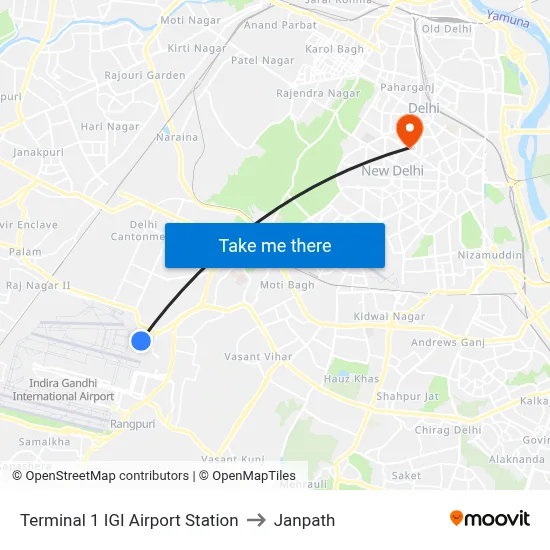 Terminal 1 IGI Airport Station to Janpath map
