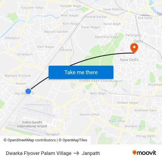 Dwarka Flyover Palam Village to Janpath map