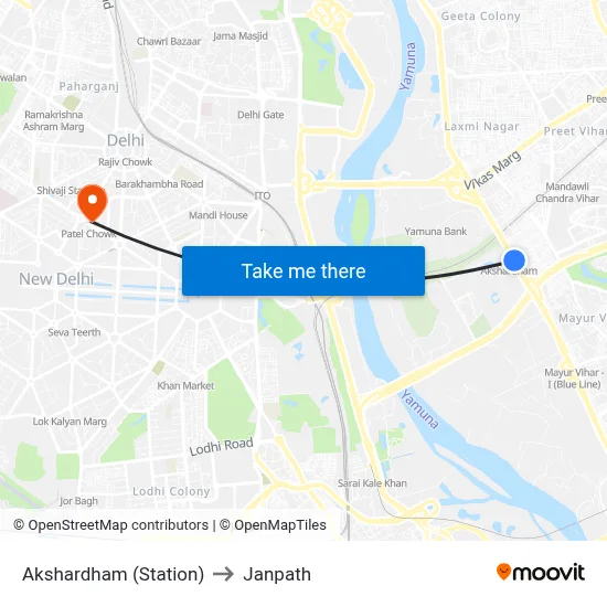 Akshardham (Station) to Janpath map