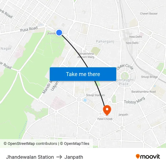 Jhandewalan Station to Janpath map