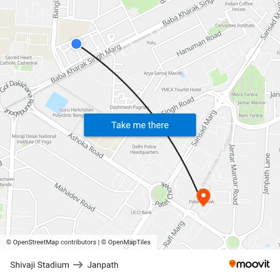 Shivaji Stadium to Janpath map