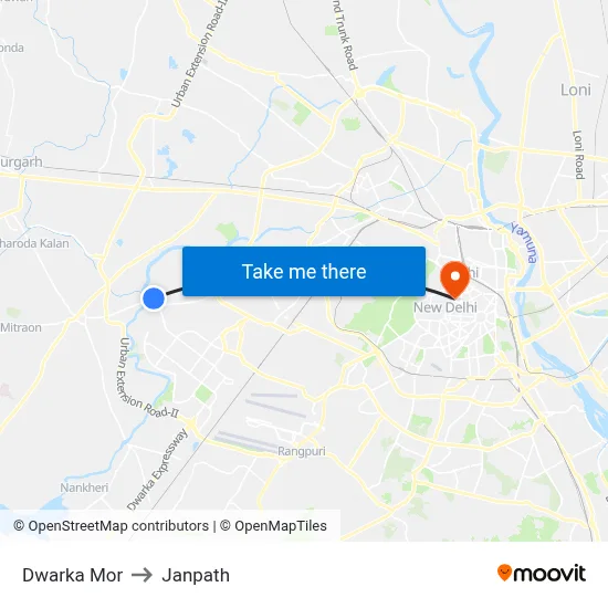 Dwarka Mor to Janpath map