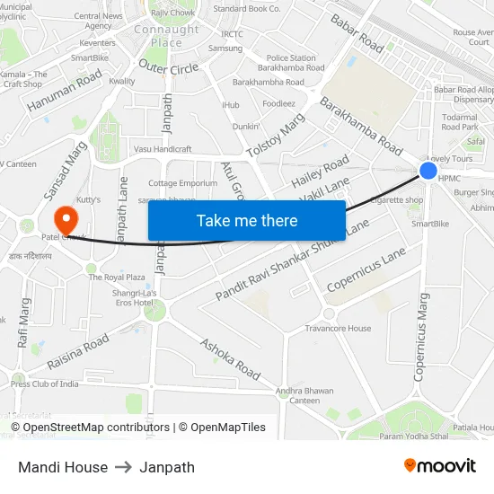 Mandi House to Janpath map