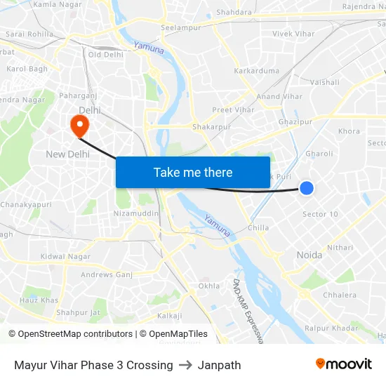 Mayur Vihar Phase 3 Crossing to Janpath map