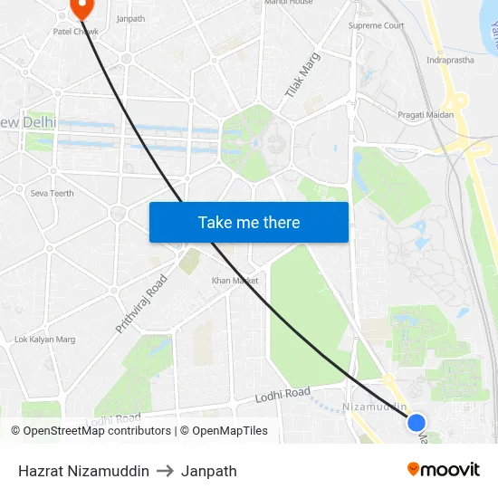 Hazrat Nizamuddin to Janpath map