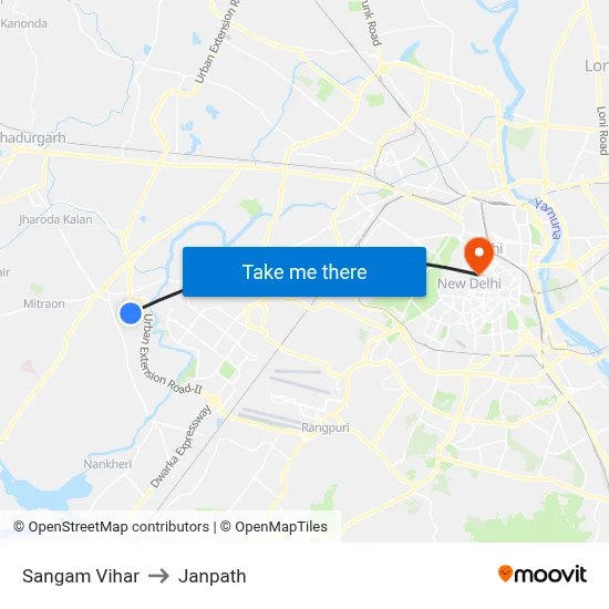 Sangam Vihar to Janpath map