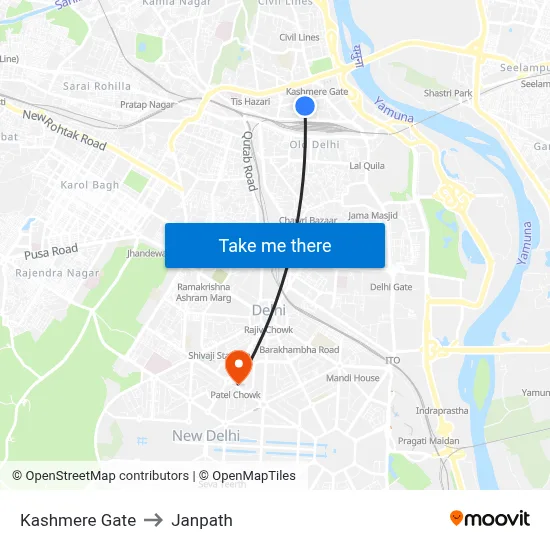 Kashmere Gate to Janpath map