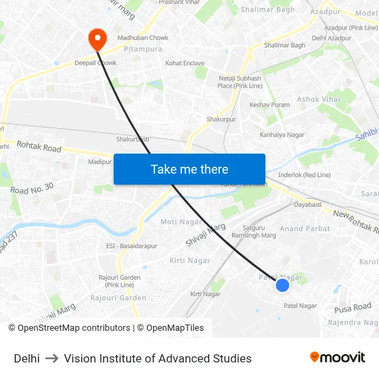 Delhi to Vision Institute of Advanced Studies map