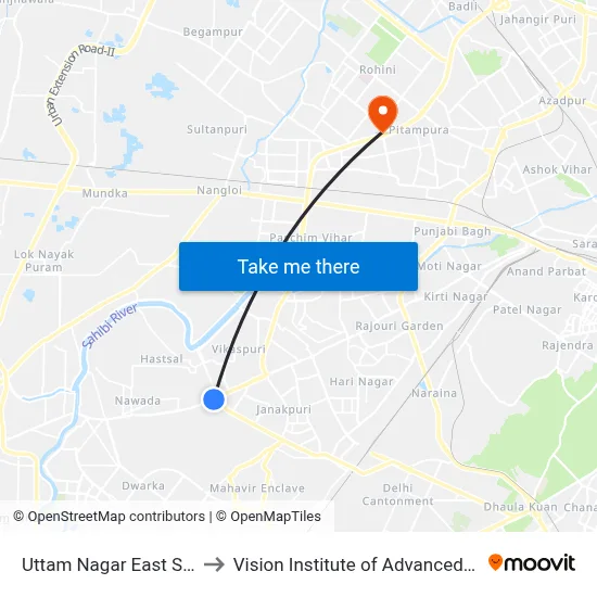 Uttam Nagar East Station to Vision Institute of Advanced Studies map