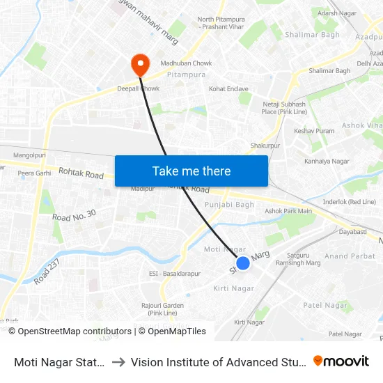 Moti Nagar Station to Vision Institute of Advanced Studies map