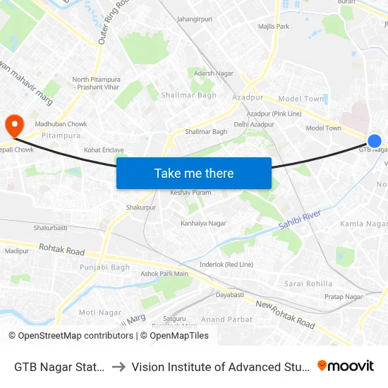GTB Nagar Station to Vision Institute of Advanced Studies map