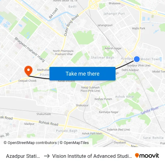 आज़ादपुर स्टेशन to विजन इंस्टीट्यूट ऑफ एडवांस्ड स्टडीज map