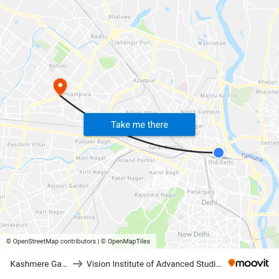Kashmere Gate to Vision Institute of Advanced Studies map
