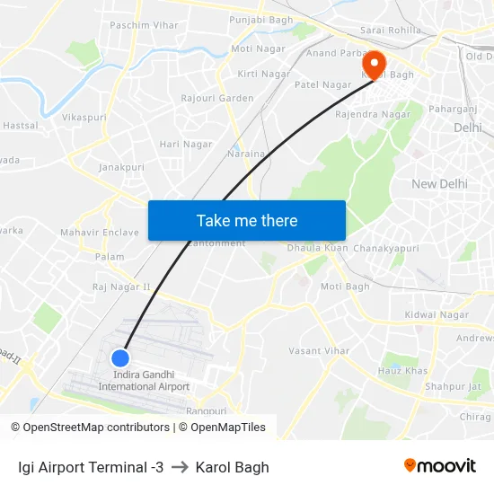 Igi Airport Terminal -3 to Karol Bagh map