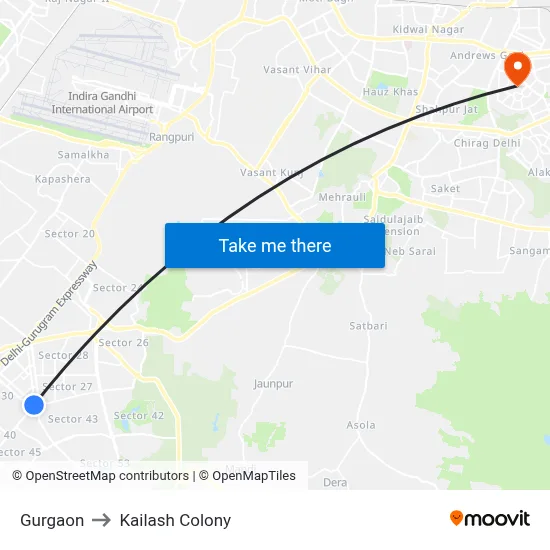 Gurgaon to Kailash Colony map