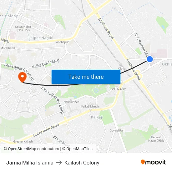 Jamia Millia Islamia to Kailash Colony map