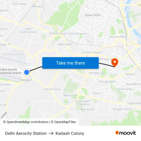 Delhi Aerocity Station to Kailash Colony map