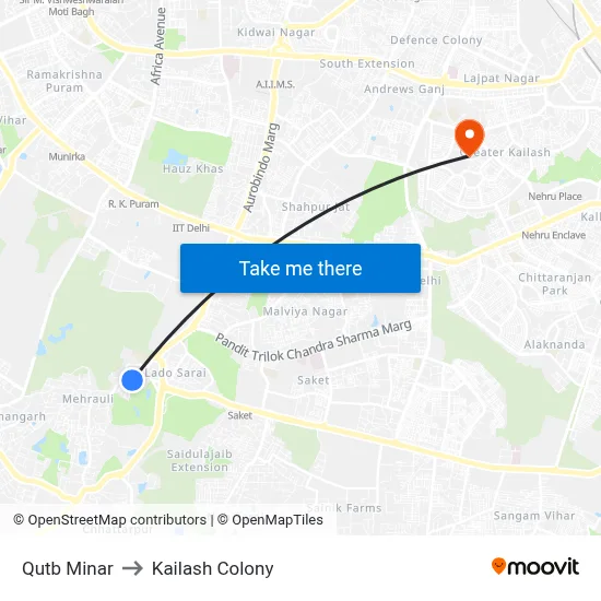 Qutb Minar to Kailash Colony map
