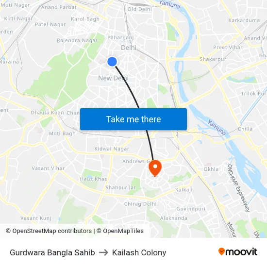 Gurdwara Bangla Sahib to Kailash Colony map