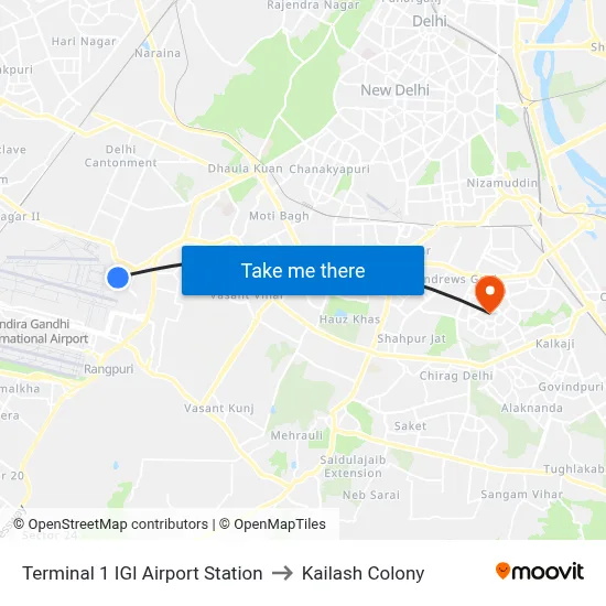 Terminal 1 IGI Airport Station to Kailash Colony map