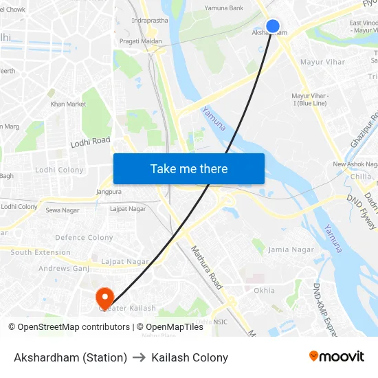 Akshardham (Station) to Kailash Colony map