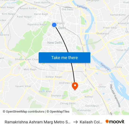 Ramakrishna Ashram Marg Metro Station to Kailash Colony map