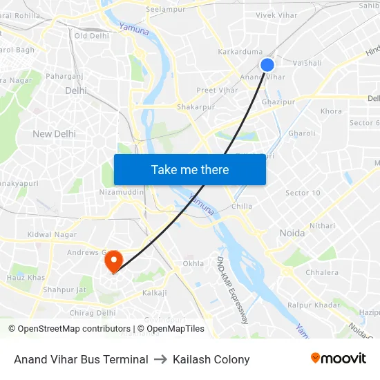 Anand Vihar Bus Terminal to Kailash Colony map