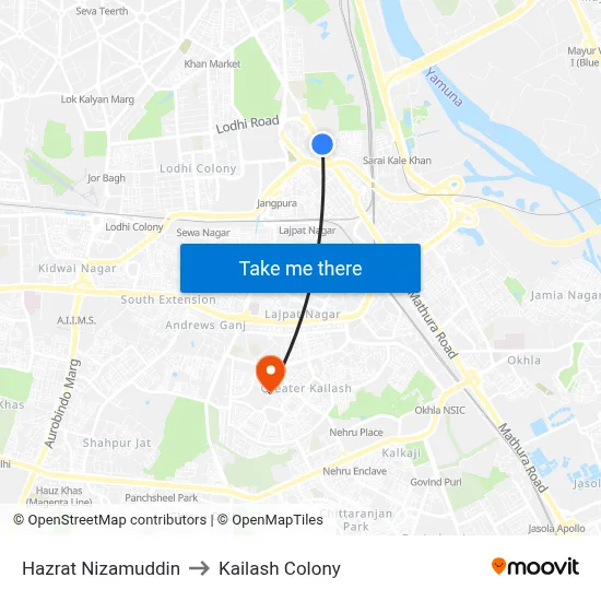 Hazrat Nizamuddin to Kailash Colony map