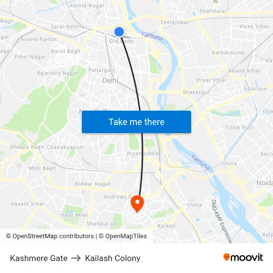 Kashmere Gate to Kailash Colony map