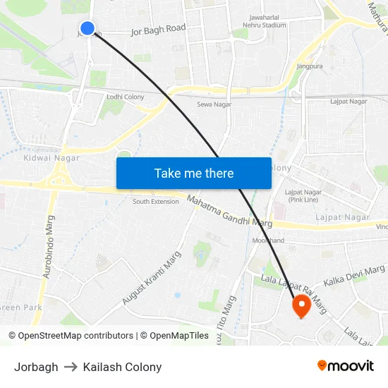 Jorbagh to Kailash Colony map