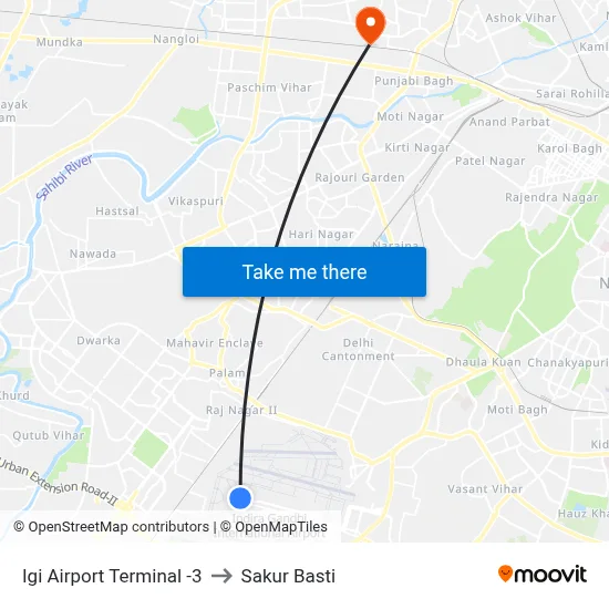 Igi Airport Terminal -3 to Sakur Basti map