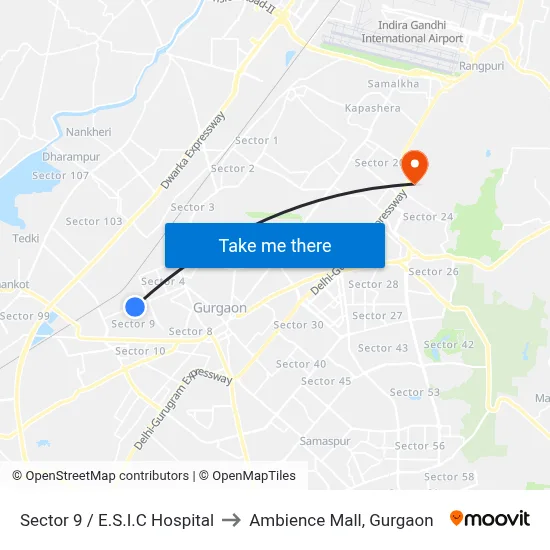 Sector 9 / E.S.I.C Hospital to Ambience Mall, Gurgaon map