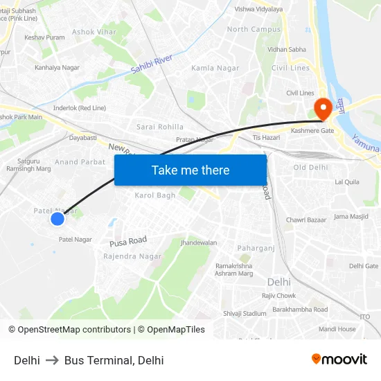 Delhi to Bus Terminal, Delhi map