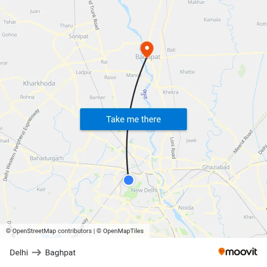Delhi to Baghpat map