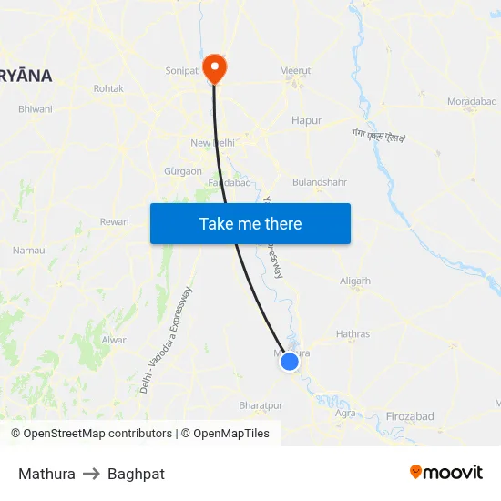 Mathura to Baghpat map