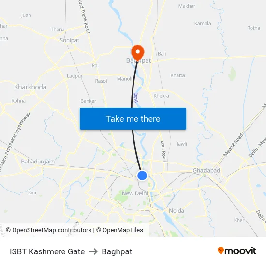 ISBT Kashmere Gate to Baghpat map