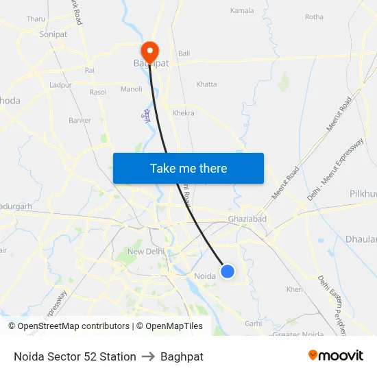 Noida Sector 52 Station to Baghpat map