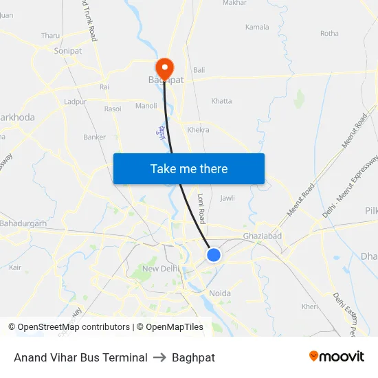 Anand Vihar Bus Terminal to Baghpat map
