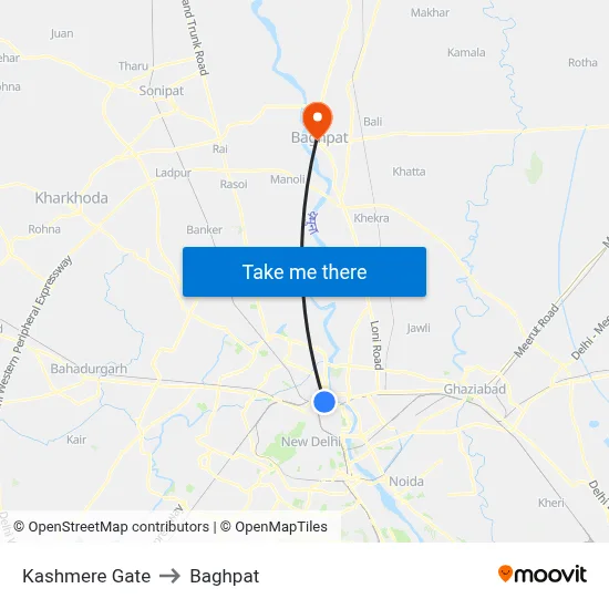 Kashmere Gate to Baghpat map