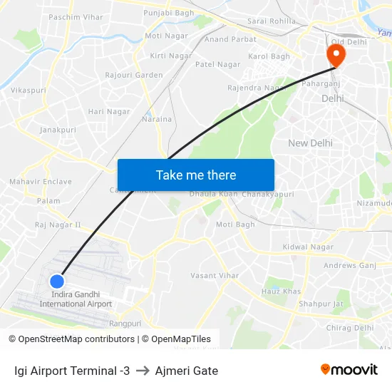 Igi Airport Terminal -3 to Ajmeri Gate map