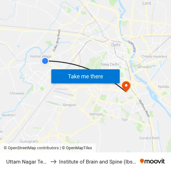 Uttam Nagar Terminal to Institute of Brain and Spine (Ibs Hospital) map
