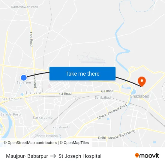 Maujpur- Babarpur to St Joseph Hospital map