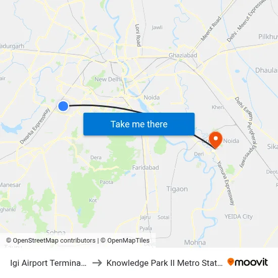 Igi Airport Terminal -3 to Knowledge Park II Metro Station map