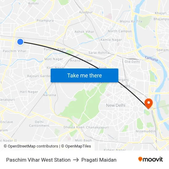 Paschim Vihar West Station to Pragati Maidan map