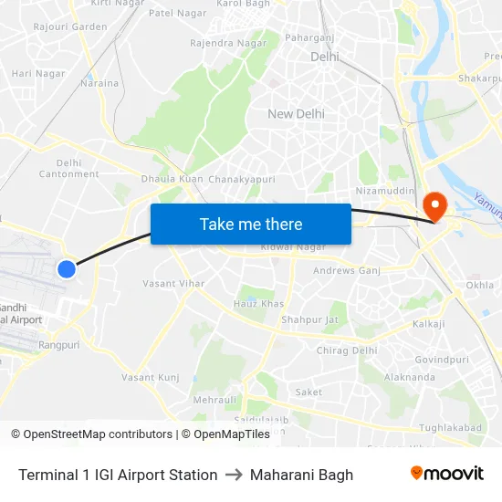 Terminal 1 IGI Airport Station to Maharani Bagh map