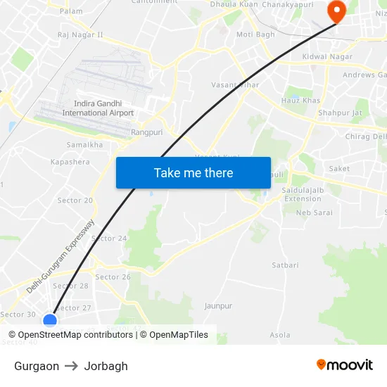 Gurgaon to Jorbagh map