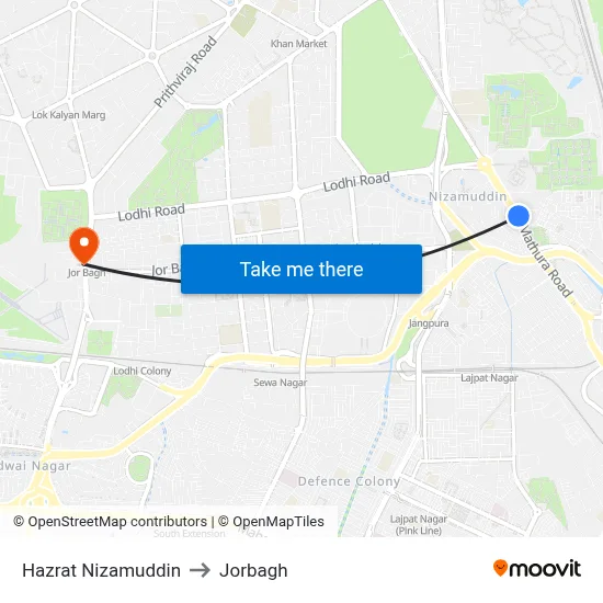 Hazrat Nizamuddin to Jorbagh map