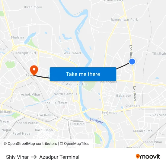 Shiv Vihar to Azadpur Terminal map