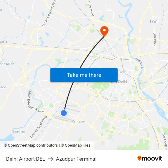Delhi Airport DEL to Azadpur Terminal map